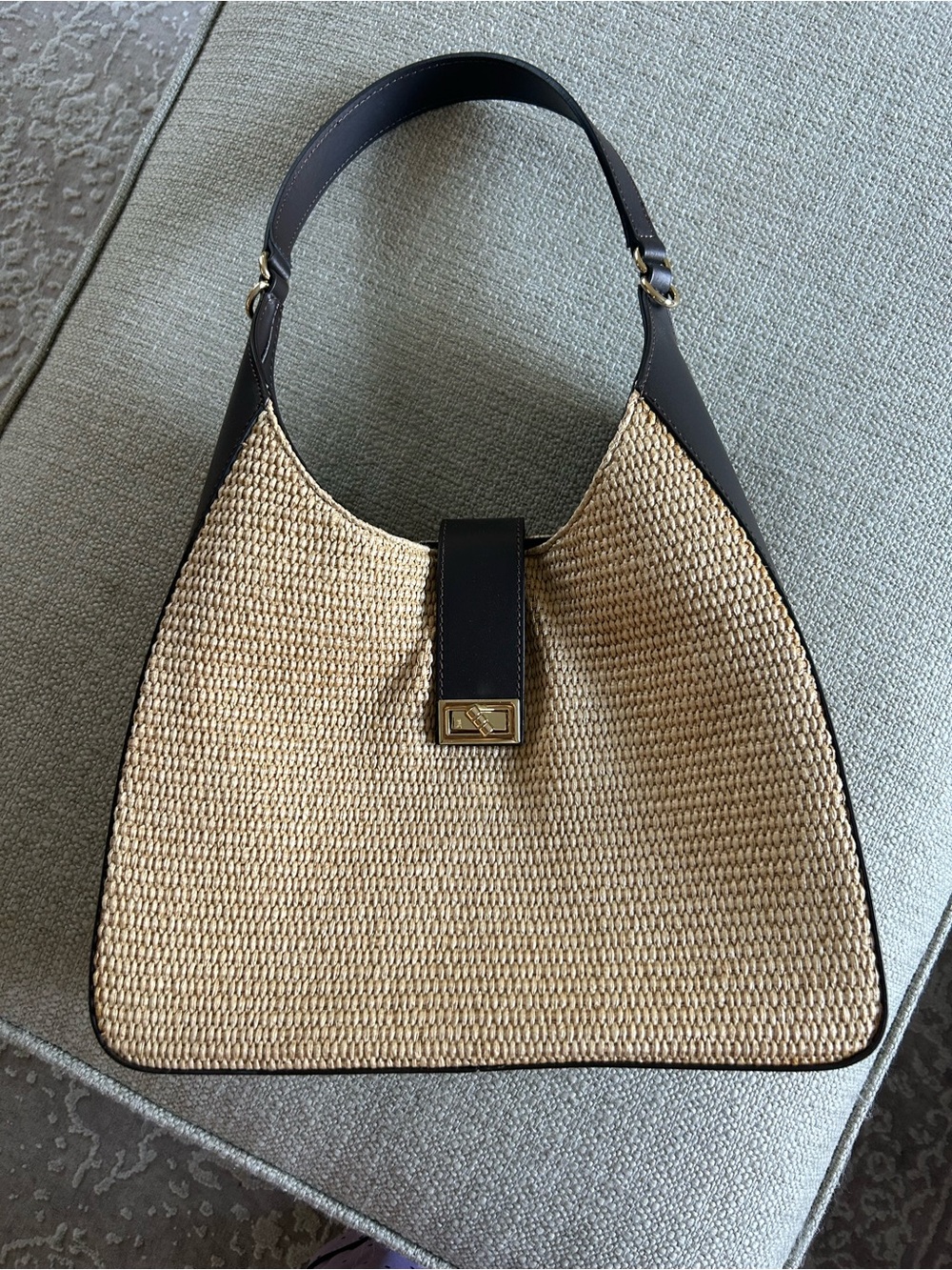 Italian leather Raffia Hobo Shoulder Bag with Black Trim & Gold Hardware
